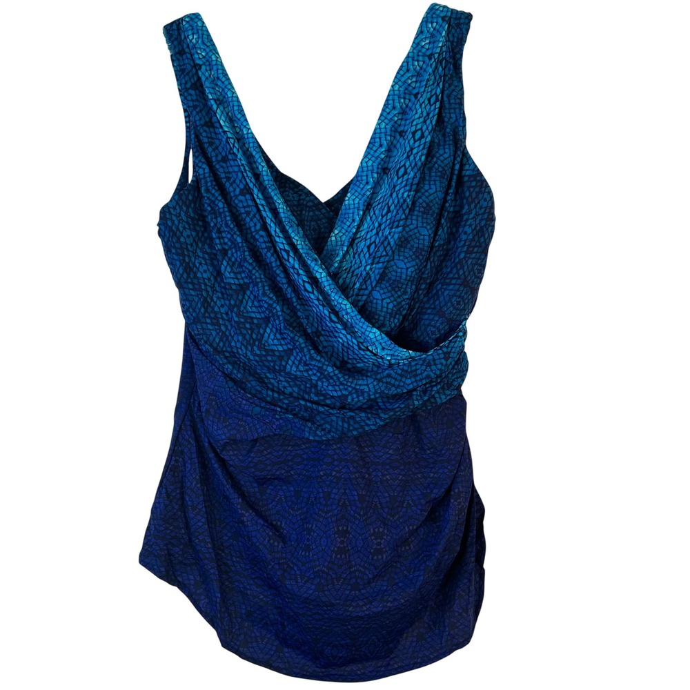 Lands End Blue Ombre Mosaic Surplice Wrap One Piece Swimsuit V-Neck Ruched 18P